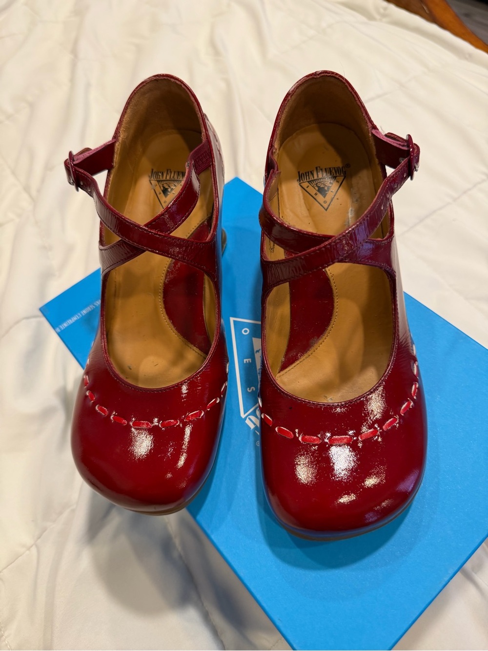 John Fluevog Wine/Cherry Red Mary Jane Block Heels - Picture 4 of 4